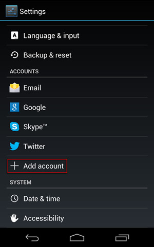 Android phones - Add Account