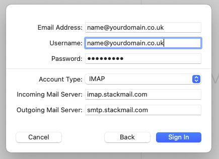 Add the server details for your account