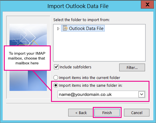 To import your email, contacts, and calendar to your Office 365 mailbox, choose that mailbox here.