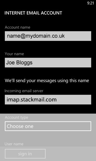 Enter the email address, password and incoming server address