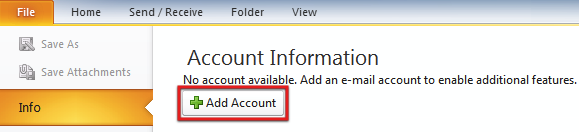 Add new e-mail account button in Outlook 2010