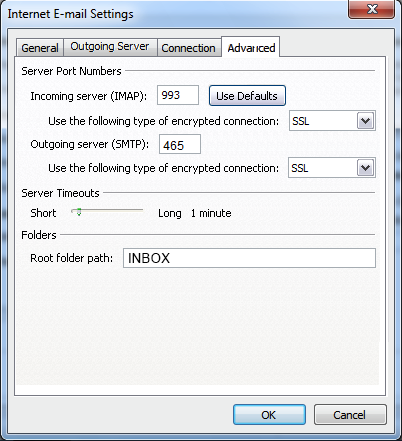 Advanced server IMAP Outlook 2010